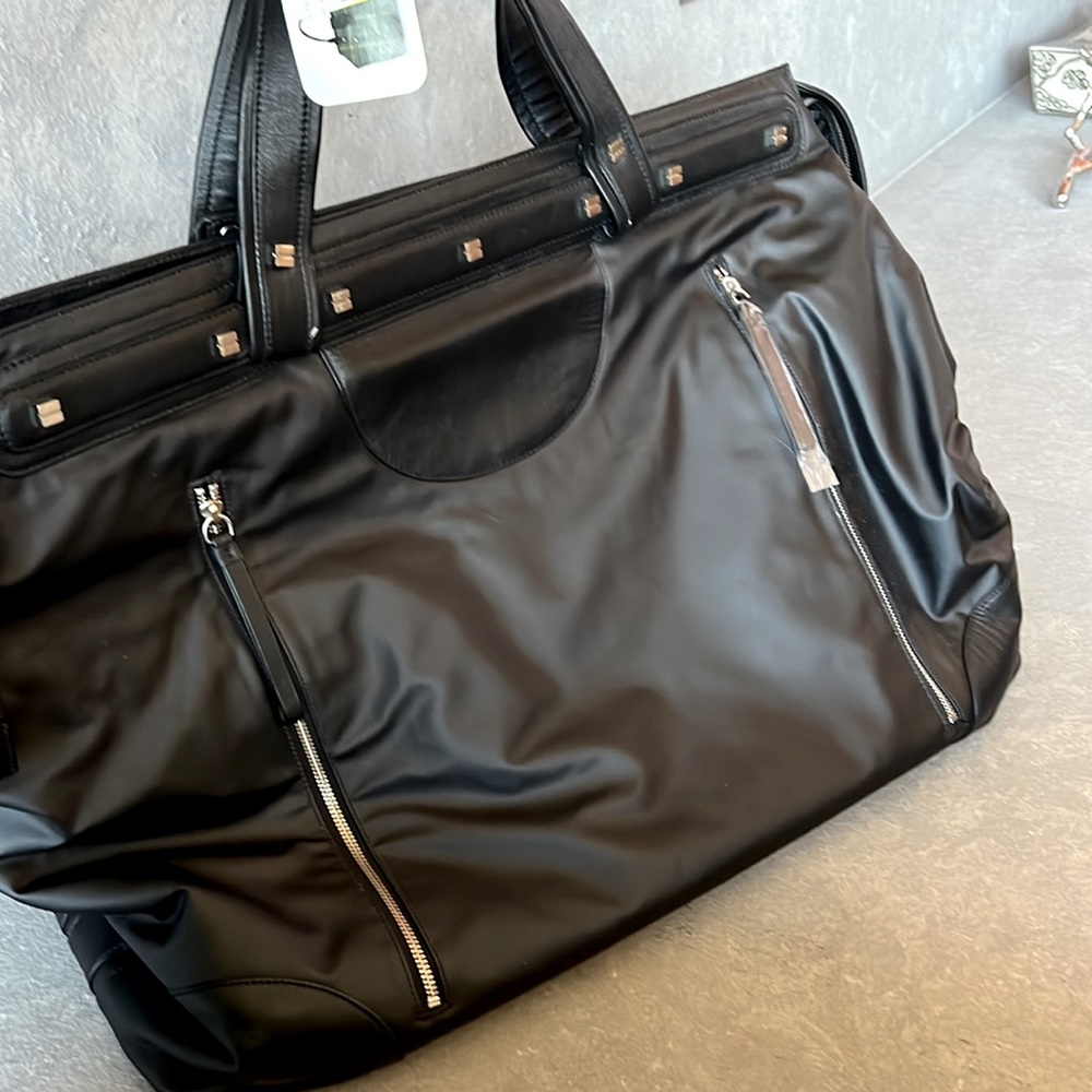Bodhi large black Leather Coated Linen Trim Weekender Duffle Overnight Bag